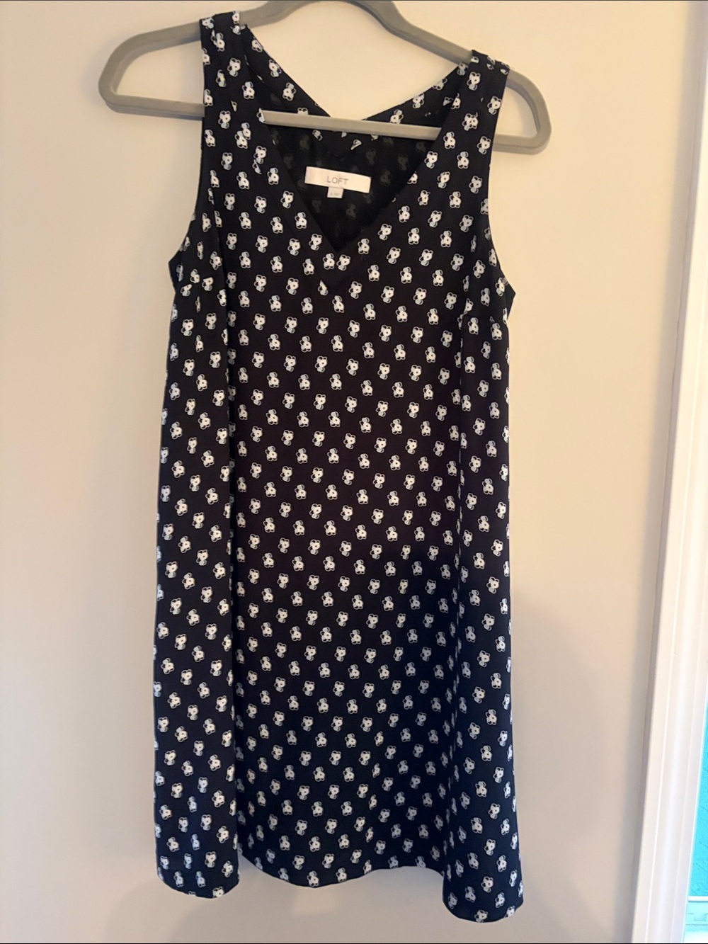 LOFT Navy Sleeveless Shift Dress with White Floral Motif